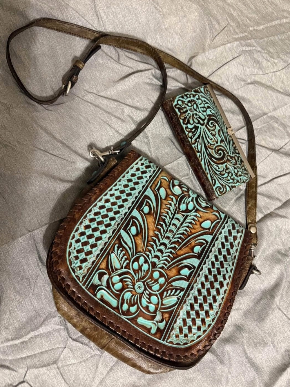 Patricia Nash Turquoise and Brown Tooled Leather Crossbody with Matching Wallet